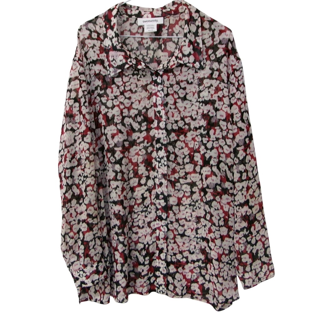 Two Twenty 3X Red Black White Abstract Floral Sheer Button Front Blouse